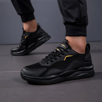 Men's 2025 New Summer Breathable Running Shoes - Lightweight Cushioned Sneakers with Golden Accents, Low-Top Black Casual Shoes for Gym, Walking  Daily Wear, All-Season Comfort, Sleek Sporty Design, Durable Traction Footwear