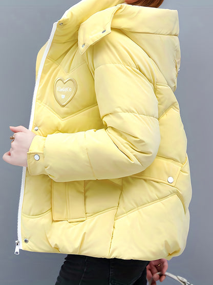 Women's Winter Hooded Jacket - Stylish Beige & White Zip-Up Coat with Heart Design, Warm Polyester Outerwear for Casual or Chic Looks, Winter Jacket