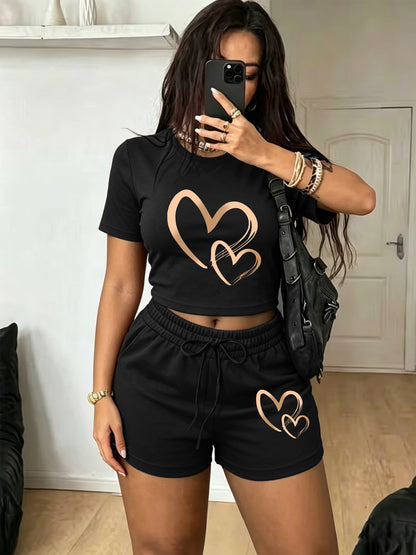 Women's Casual Printed Short Sleeve T-Shirt & Shorts Set