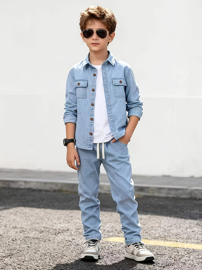 Boys' Light Blue Denim Two-Piece Set with Elastic Waistband
