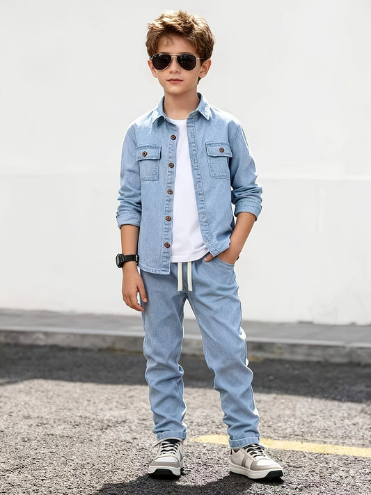 Boys' Light Blue Denim Two-Piece Set with Elastic Waistband