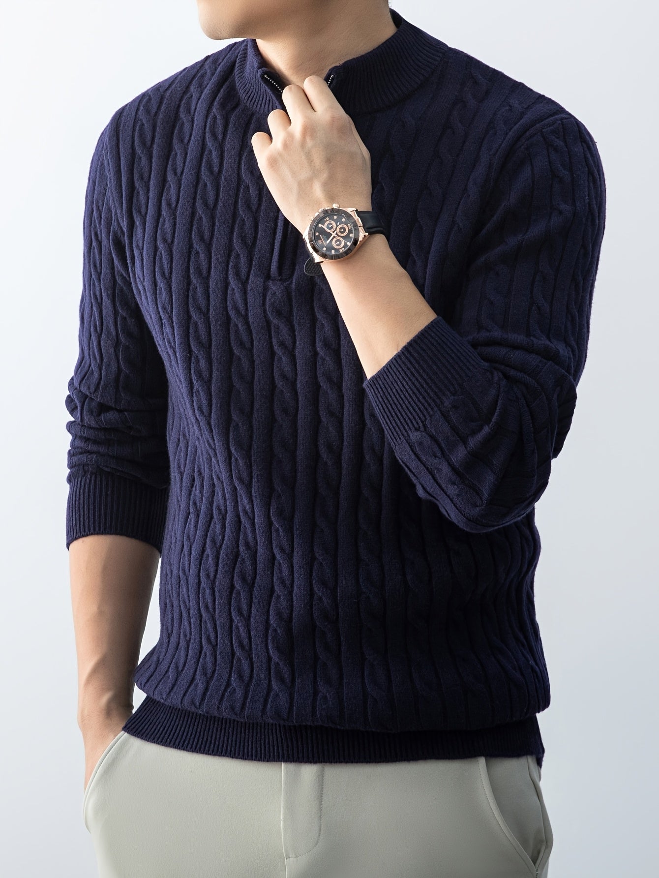 Men's Autumn Winter Zip Collar Pullover Sweater with Velvet