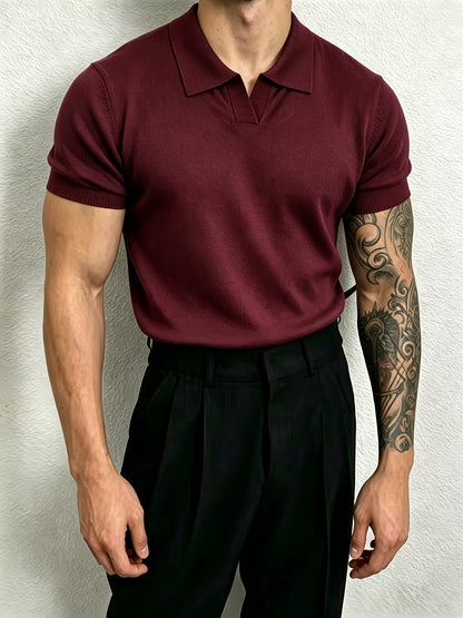 Men's Knit Polo Shirt with Geometric Pattern - Lightweight Summer Styl