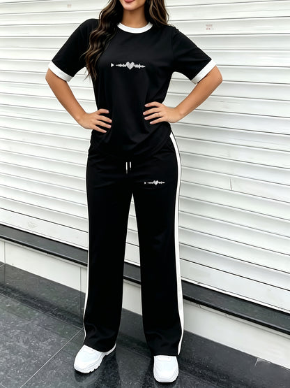 Women's Casual 2-Piece Set with ECG Print - Loose Fit Jogger Outfit