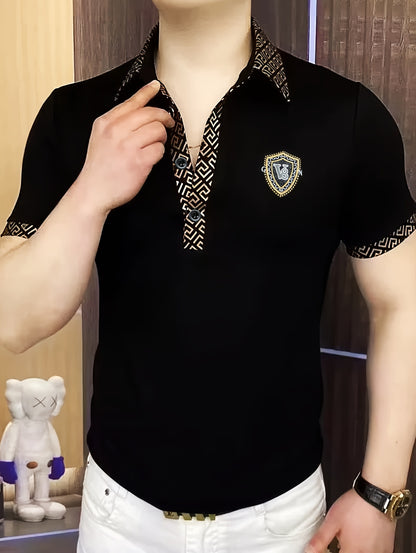 Men's Fashion Short Sleeve Shirt, Summer Trendy Casual High-End Business Collared T-Shirt, Versatile Light Luxury Embroidered Stretch Top, In Stock - ayq