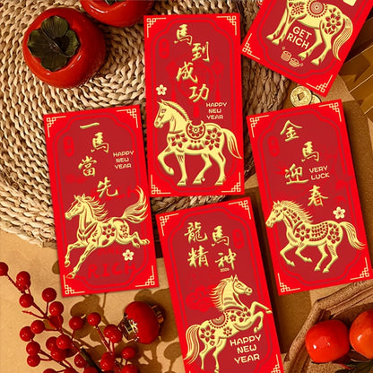 6 Golden Horse Year of the Horse Red Envelopes - Traditional Chinese New Year Gift Bags with Golden Horses, Money for Spring Festival, Paper Currency For Chinese New Year, Graduation, Thanksgiving, New Year