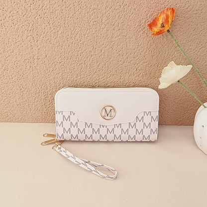 Women'S Elegant Patchwork Wallet & Wristlet Clutch - Large Capacity Double-Zip Coin Purse with Golden-Tone M-Logo, Golden-Tone Hardware & Wrist Strap