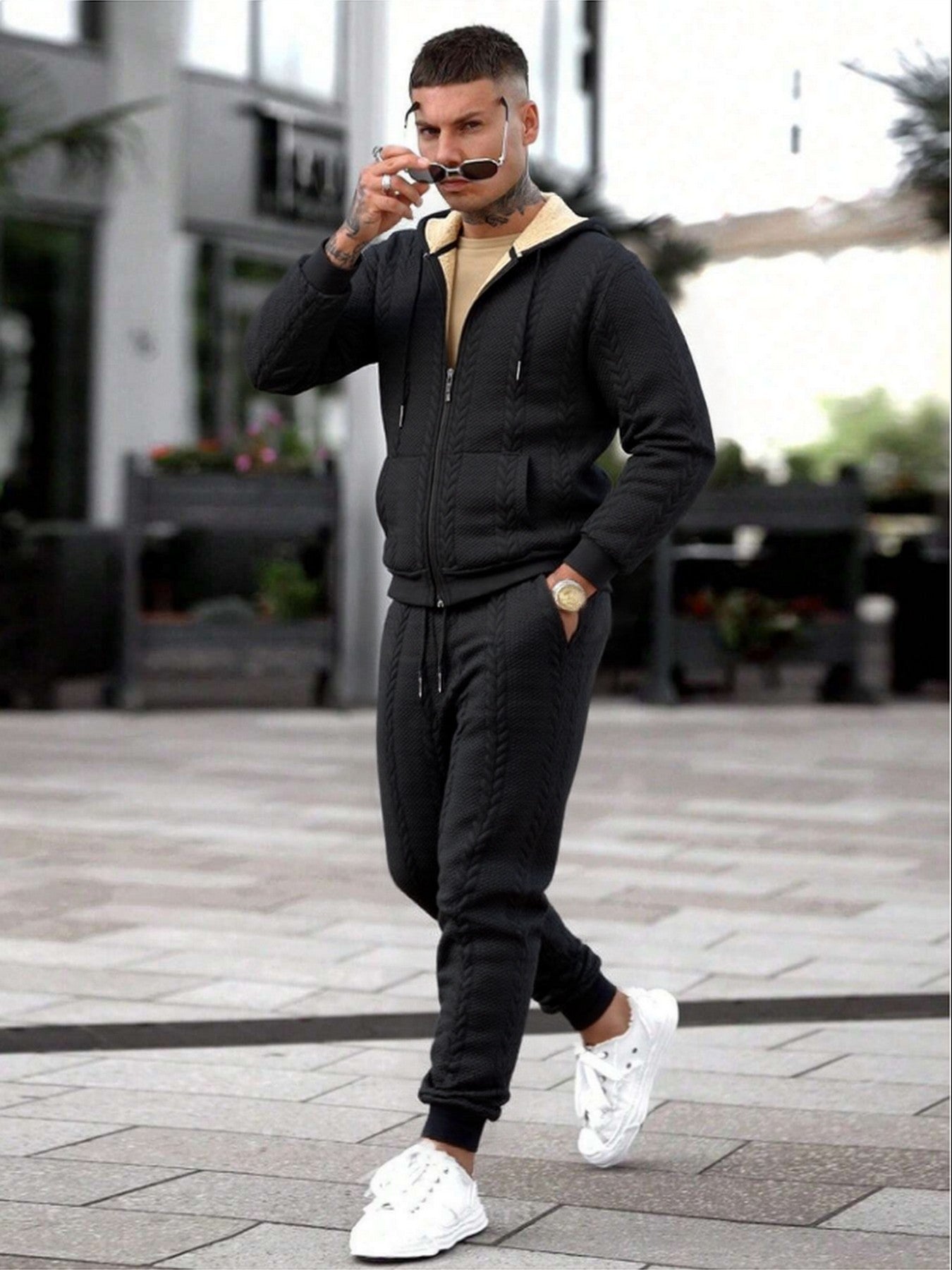 Men's Winter Fashion Two-Piece Set: Jacquard Hooded Cardigan with Lining & Long Pants – Ideal for Autumn and Winter, Winter Clothes For Men