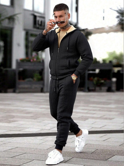 Men's Winter Fashion Two-Piece Set: Jacquard Hooded Cardigan with Lining & Long Pants – Ideal for Autumn and Winter, Winter Clothes For Men