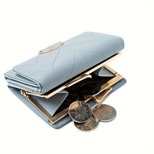 Compact Trifold Wallet for Women in Mint Green Featuring a Golden Clasp And Zippered Coin Compartment, Adorned with a Floral Pattern And Designed for Multiple Card Storage