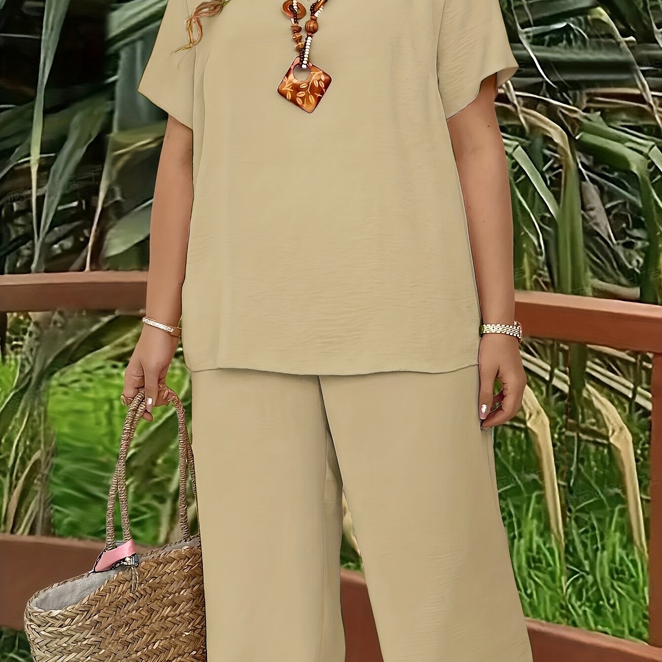 Women's Plus Size Suit, Elegant Solid Color Short Sleeve Top and Wide Leg Pants