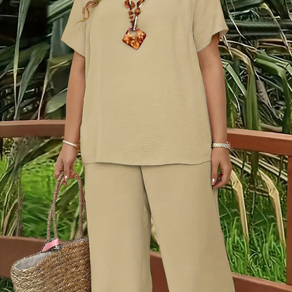 Women's Plus Size Suit, Elegant Solid Color Short Sleeve Top and Wide Leg Pants