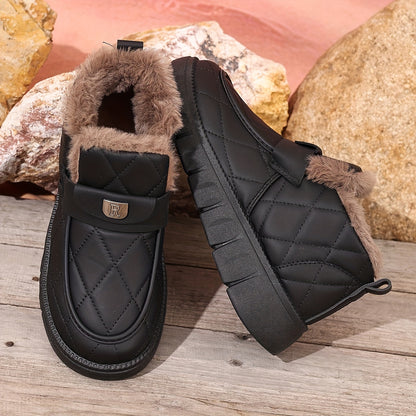 Autumn Winter Plush Lined Thick Warm Snow Boots, Versatile Outdoor Slip-On with Block Heel, Comfortable Round Toe for Casual Daily Use and Cold Weather Hiking