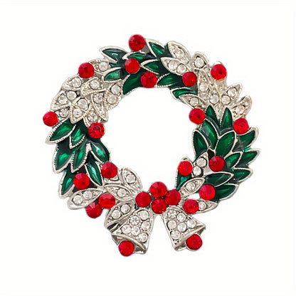 Luxury Christmas Bell Brooch with Rhinestone and Green Enamel Leaf, Alloy Golden-Plated, Fashionable Shiny Pin for Party and Banquet Accessories, Special Occasion Pin, Vintage Brooch, Elegant Design, Rhinestone Embellishment,