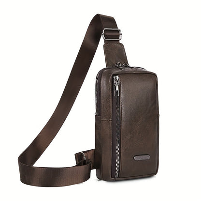 Men'S Classic Black PU Crossbody Bag with Geometric Pattern, Key Holder, Zipper Closure, Polyester Lining, Urban Style, Commuter Bag Geometric Pattern Bag Zippered Closure Bag