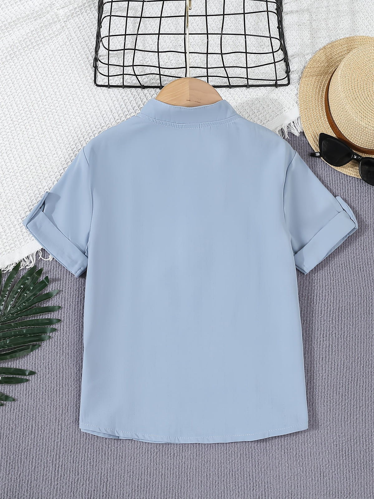 Boys' Short Sleeve Stand Collar Shirt with Contrast Buttons