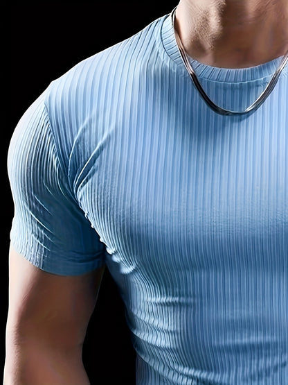 Men's Slim Fit Ribbed Short Sleeve T-Shirt - Stretchy Athletic  Casual Wear, Green, Round Neck, Machine Washable, Muscle-Enhancing Design, Gym Shirts