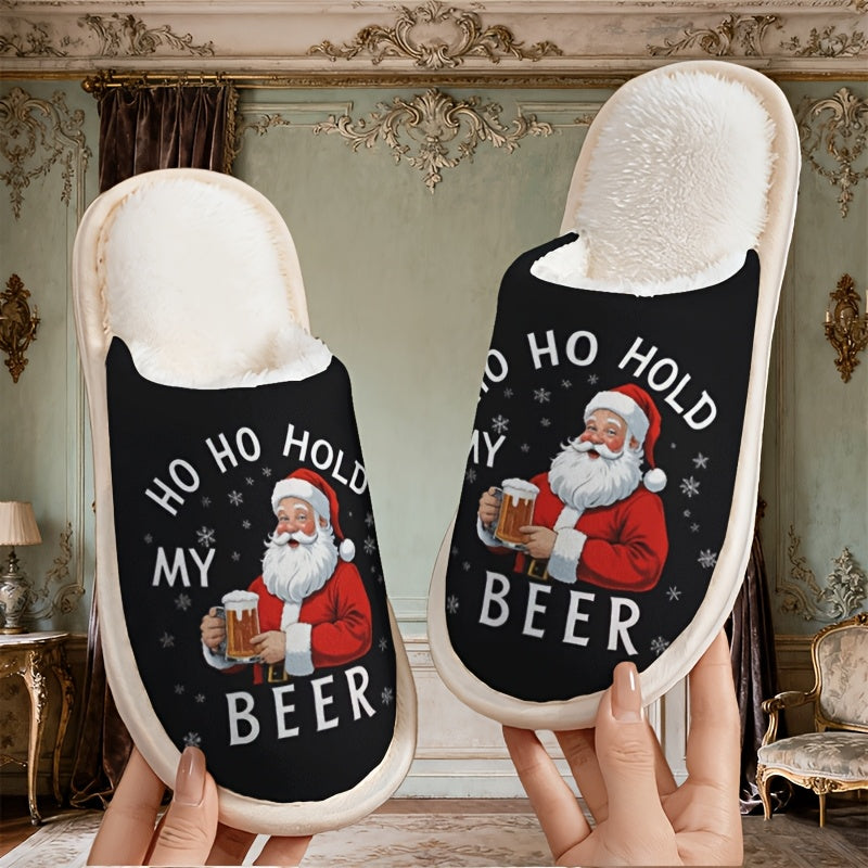 Funny Santa Claus Holding Beer Slippers - Soft Plush Slip-On Indoor House Shoes with Santa & Beer Design, Cozy Winter Footwear for Men & Women, Holiday Party Gift Idea (Hand Washable), Christmas Home Decor