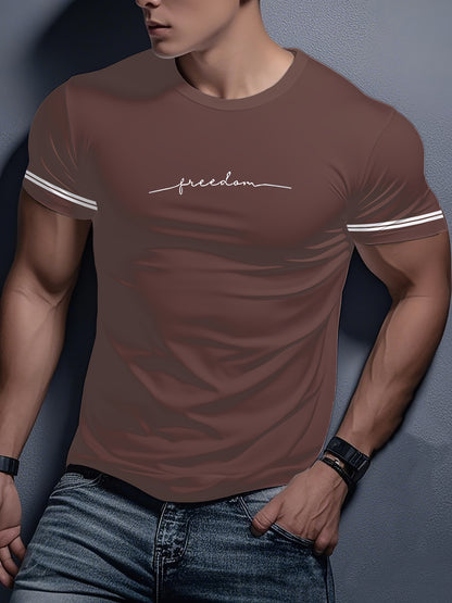 Men'S "Freedom" Graphic T-Shirt - Black Casual Crew Neck Tee with White Stripes, Breathable Polyester Blend, Regular Fit for Casual Attire, Everyday Tshirt   Bold Print Tee   Comfortable Fit, Knit