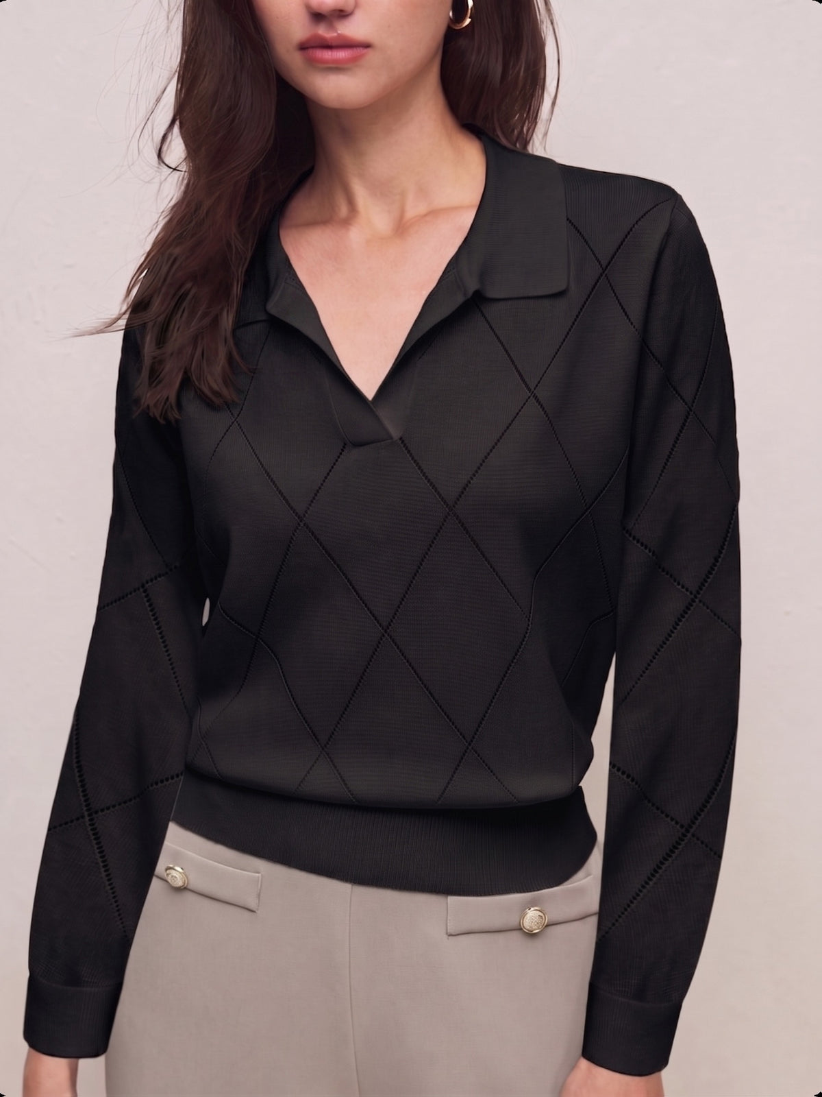 Elegant Women's Polo Neck Argyle Sweater with Loose Fit