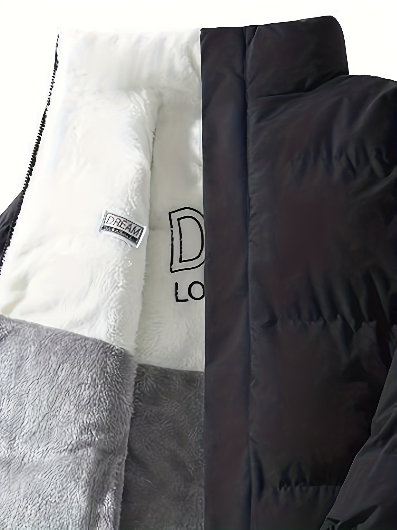 Men'S Double-Sided Fleece-Lined Thickened Jacket - Casual Stand Collar with Letter Print, Regular Fit, Pockets, Polyester Fill, Versatile for Fall/Winter, Winter Jacket