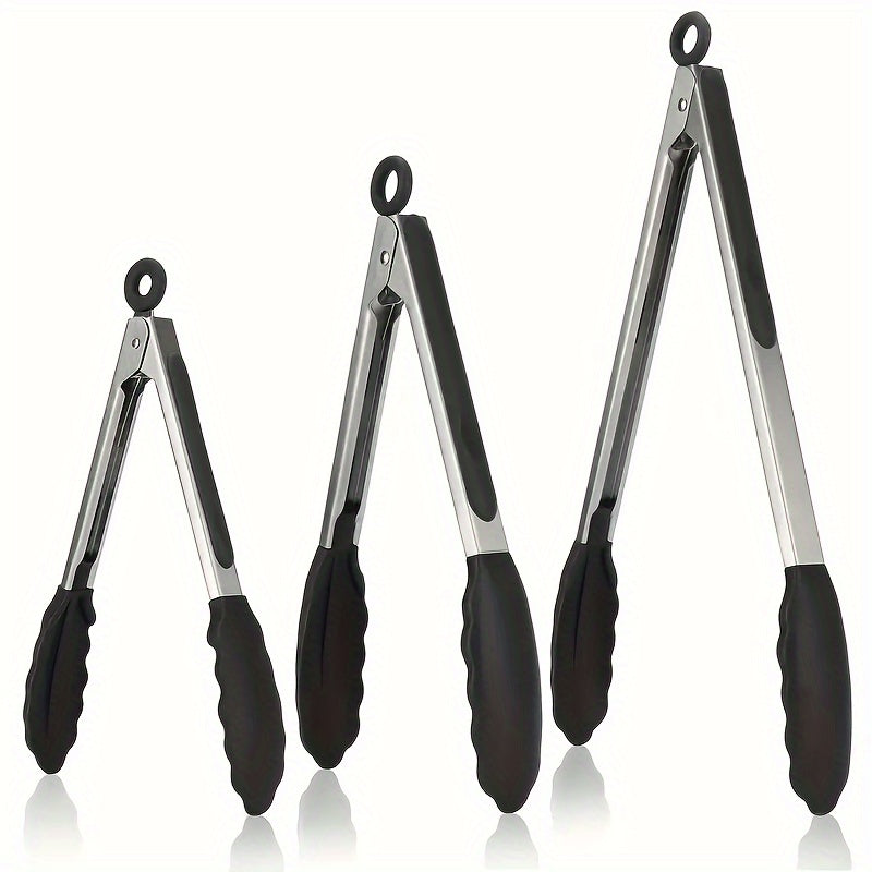 Sturdy Kitchen Tongs Made of Stainless Steel with Silicone Ends - Resistant to Heat, Equipped with a Locking Feature for a Secure Grip, Offered in Lengths of 17.78 cm, 22.86 cm, And 30.48 cm, in Black.