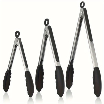 Sturdy Kitchen Tongs Made of Stainless Steel with Silicone Ends - Resistant to Heat, Equipped with a Locking Feature for a Secure Grip, Offered in Lengths of 17.78 cm, 22.86 cm, And 30.48 cm, in Black.