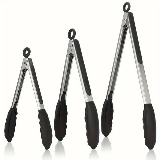 Sturdy Kitchen Tongs Made of Stainless Steel with Silicone Ends - Resistant to Heat, Equipped with a Locking Feature for a Secure Grip, Offered in Lengths of 17.78 cm, 22.86 cm, And 30.48 cm, in Black.