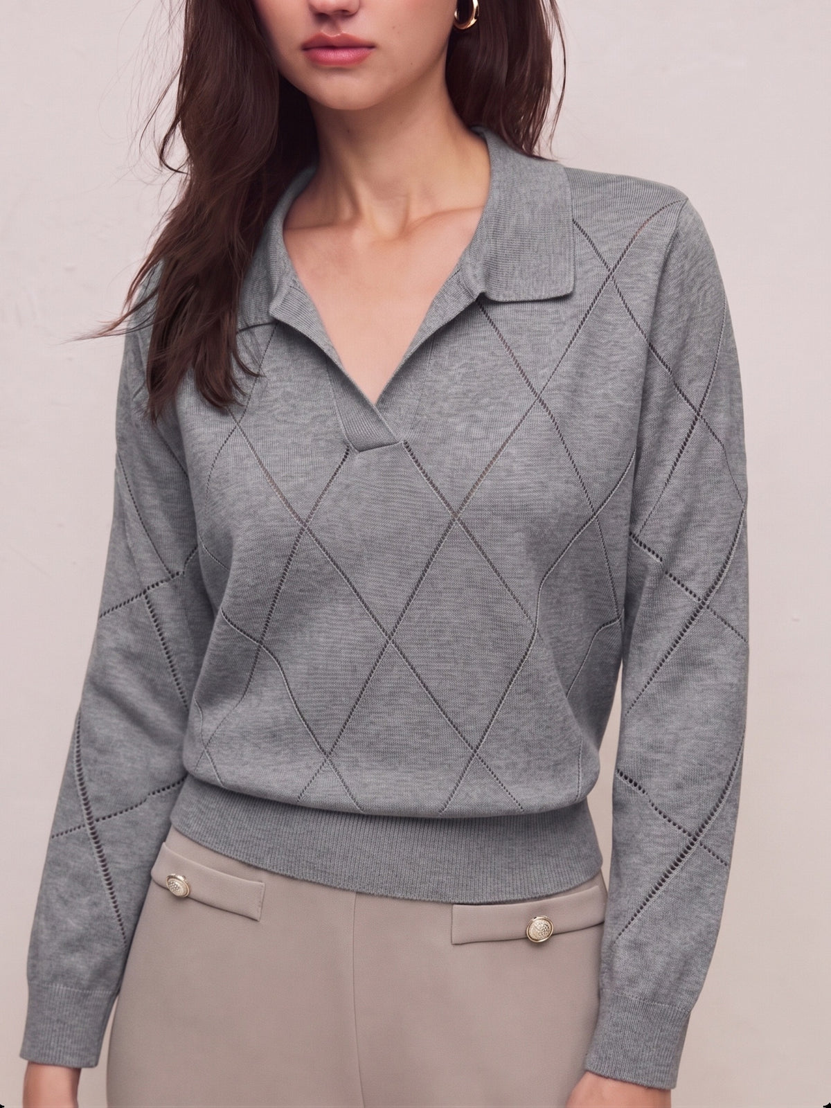 Elegant Women's Polo Neck Argyle Sweater with Loose Fit