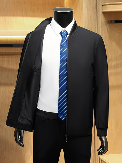 Men's Solid Burgundy (or other colors available) Slim-Fit Full-Length Zip-Up Jacket - Lightweight Business Casual Coat with Full-Length Zipper Closure, White Collar & Full-Length Zip Jacket for Office, Semi-Formal & Semi-Prof