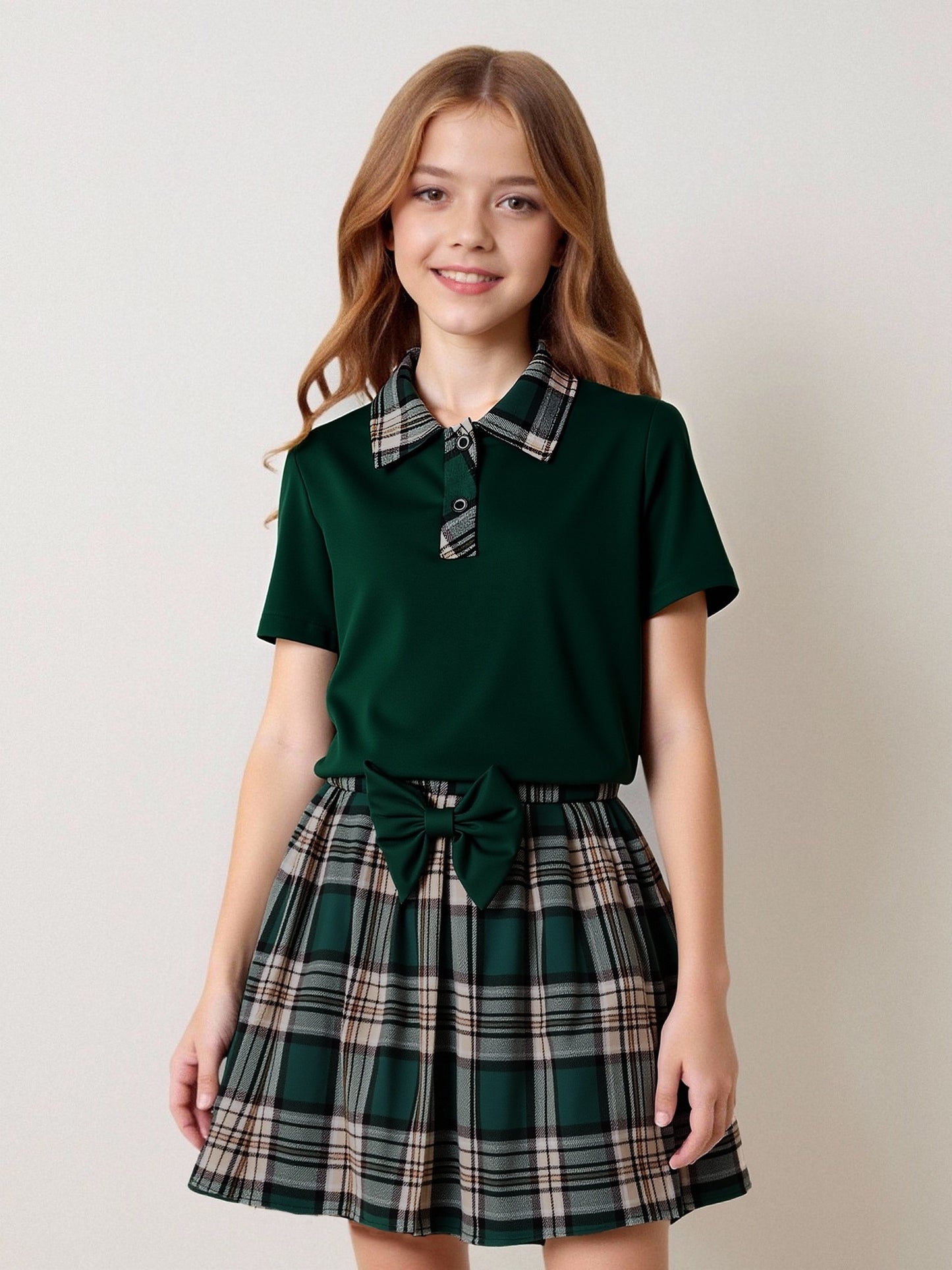 Girls Preppy Plaid Shirt and Pleated Skirt Set with Bow - Spring Summe