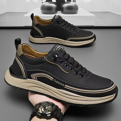 Men's Slip-On Sneakers - Lightweight, Cushioned, Thick Rubber Sole Casual Shoes in Black  Tan with Logo Details, Versatile for All Seasons, Outdoor, Running, and Training