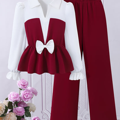 ' Fashionable Autumn Elegant Lapel Bow-Decorated Long-Sleeved Shirt And Straight Wide-Leg Trousers Two-Piece Set, for Outdoor