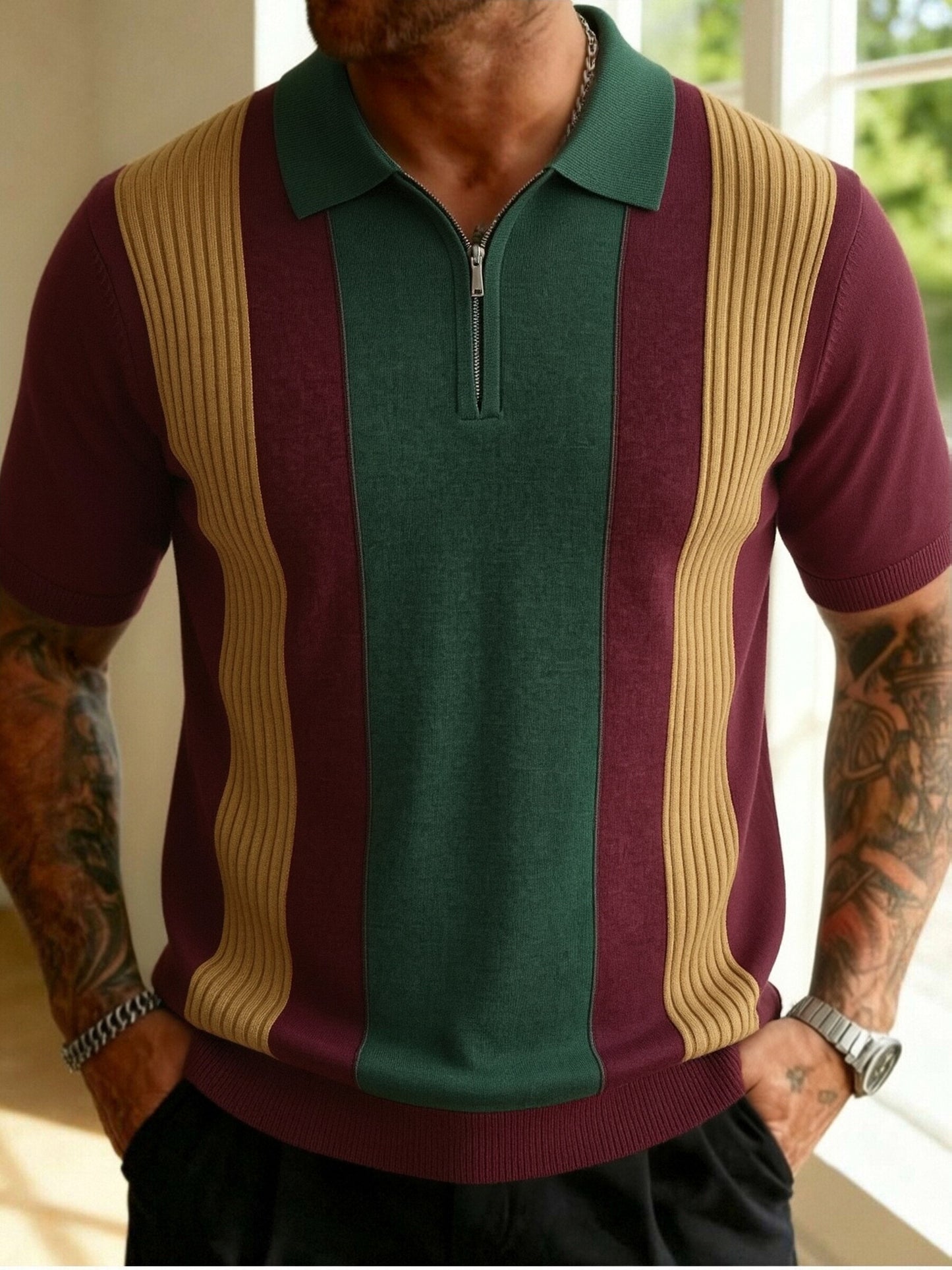 Men's Striped Knit Polo Shirt with Half-Zip for Summer Workwear