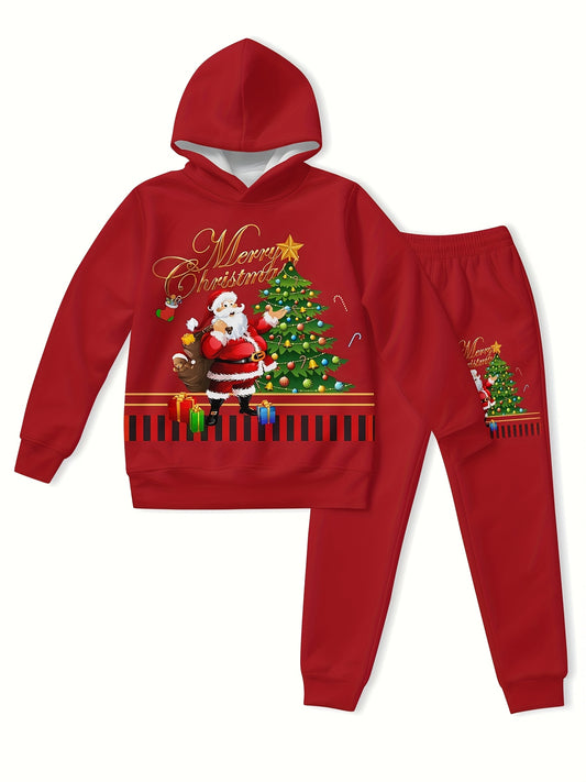 2pcs Boys' Christmas Hoodie & Sweatpants Set - Red Santa Claus & Reindeer Print, 3D Christmas Gift Design, Long Sleeve Pullover & Joggers, Casual Spring/Fall Outdoor, for Outdoor