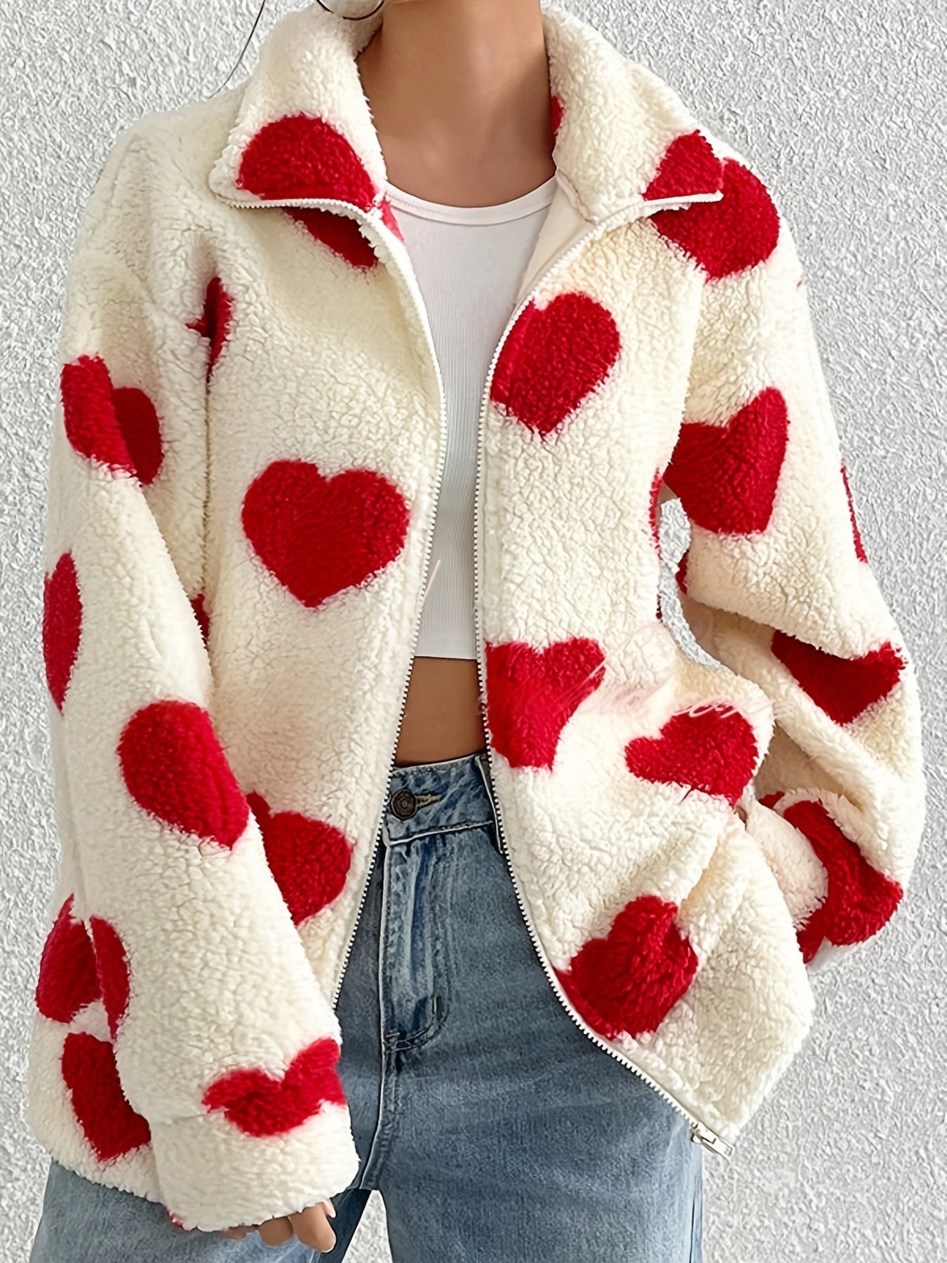 Women'S Elegant Heart Pattern Fleece Jacket - Cozy Long Sleeve Zip-Up Coat with Red Hearts, Beige, Perfect for Fall & Winter, Casual Style, Casual Winter Wear | Heart Pattern Jacket | Zippered Jacket
