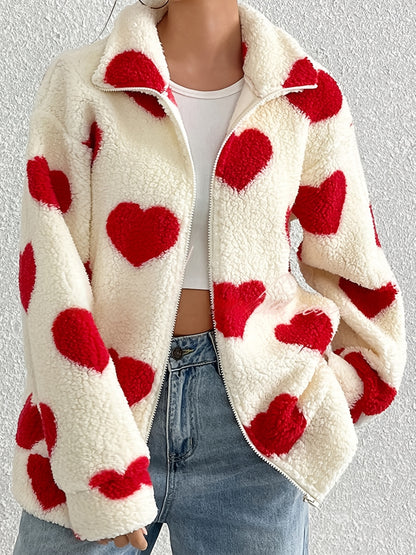 Women'S Elegant Heart Pattern Fleece Jacket - Cozy Long Sleeve Zip-Up Coat with Red Hearts, Beige, Perfect for Fall & Winter, Casual Style, Casual Winter Wear | Heart Pattern Jacket | Zippered Jacket