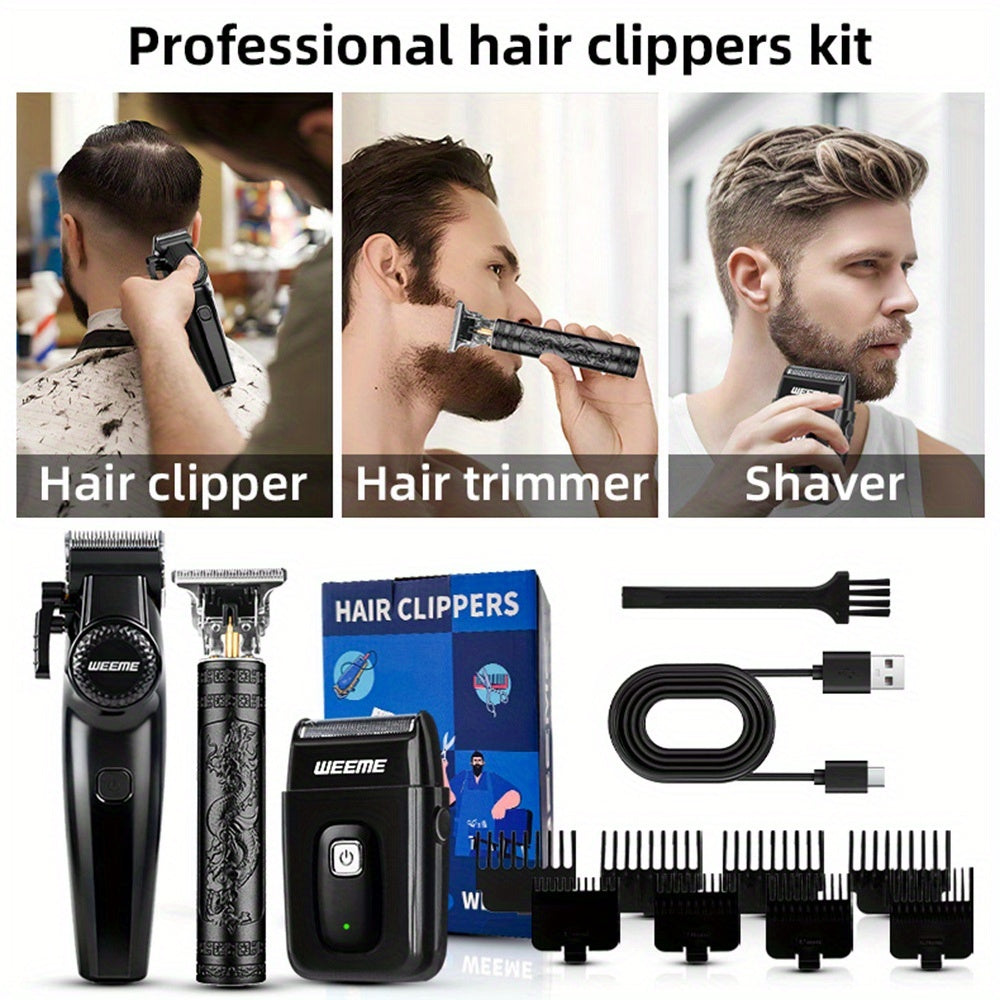 WEEME 3pcs/2pcs Hair Clippers for Men, All-in-One Grooming Gift Set, Professional Cordless Trimmer with T-Blade & Foil Shaver, LCD Display, Barber Kit for Men (Black) - ayq