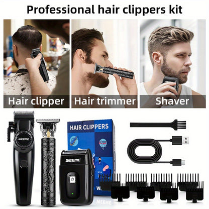 WEEME 3pcs/2pcs Hair Clippers for Men, All-in-One Grooming Gift Set, Professional Cordless Trimmer with T-Blade & Foil Shaver, LCD Display, Barber Kit for Men (Black) - ayq