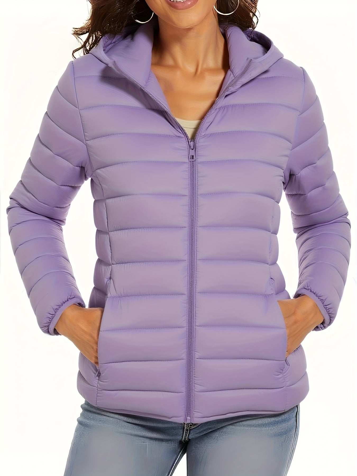 Lightweight Women's Hooded Zipper Padded Coat with Retractable Cuffs