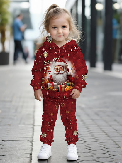 2pcs Girls' Santa Claus Face & 3D Print Hooded Sweatshirt & Pants Set - Red & Golden Christmas Outfit with Santa Hat & Reindeer Design, Casual Winter Clothes for Toddlers & Kids, Perfect Gift for Little Boys & Girls (Machine