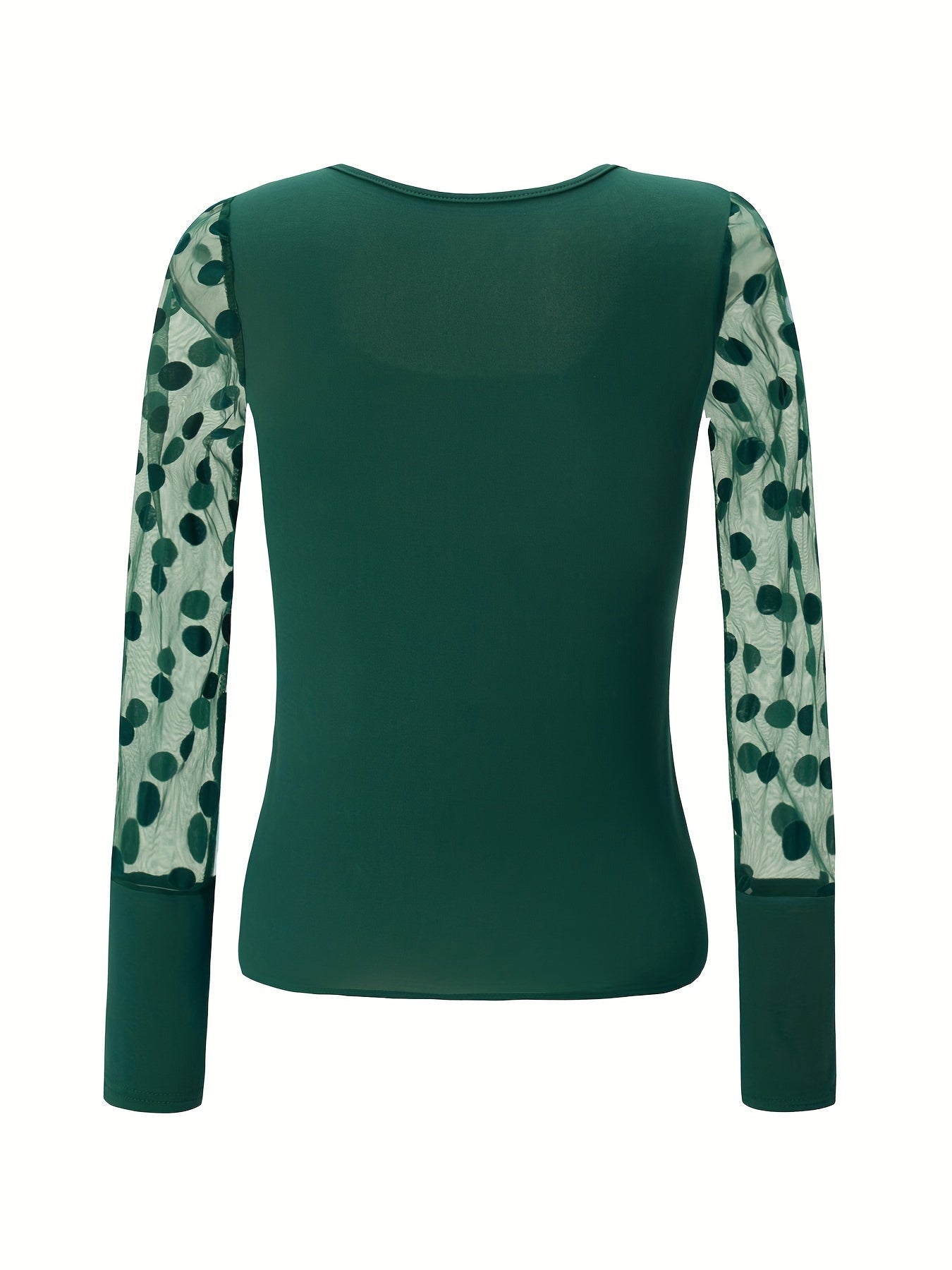 New Style U-Neck Mesh Spliced Polka Dot Long Sleeve Solid Color Fitted Casual Versatile Top