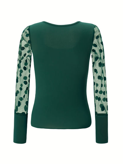 New Style U-Neck Mesh Spliced Polka Dot Long Sleeve Solid Color Fitted Casual Versatile Top