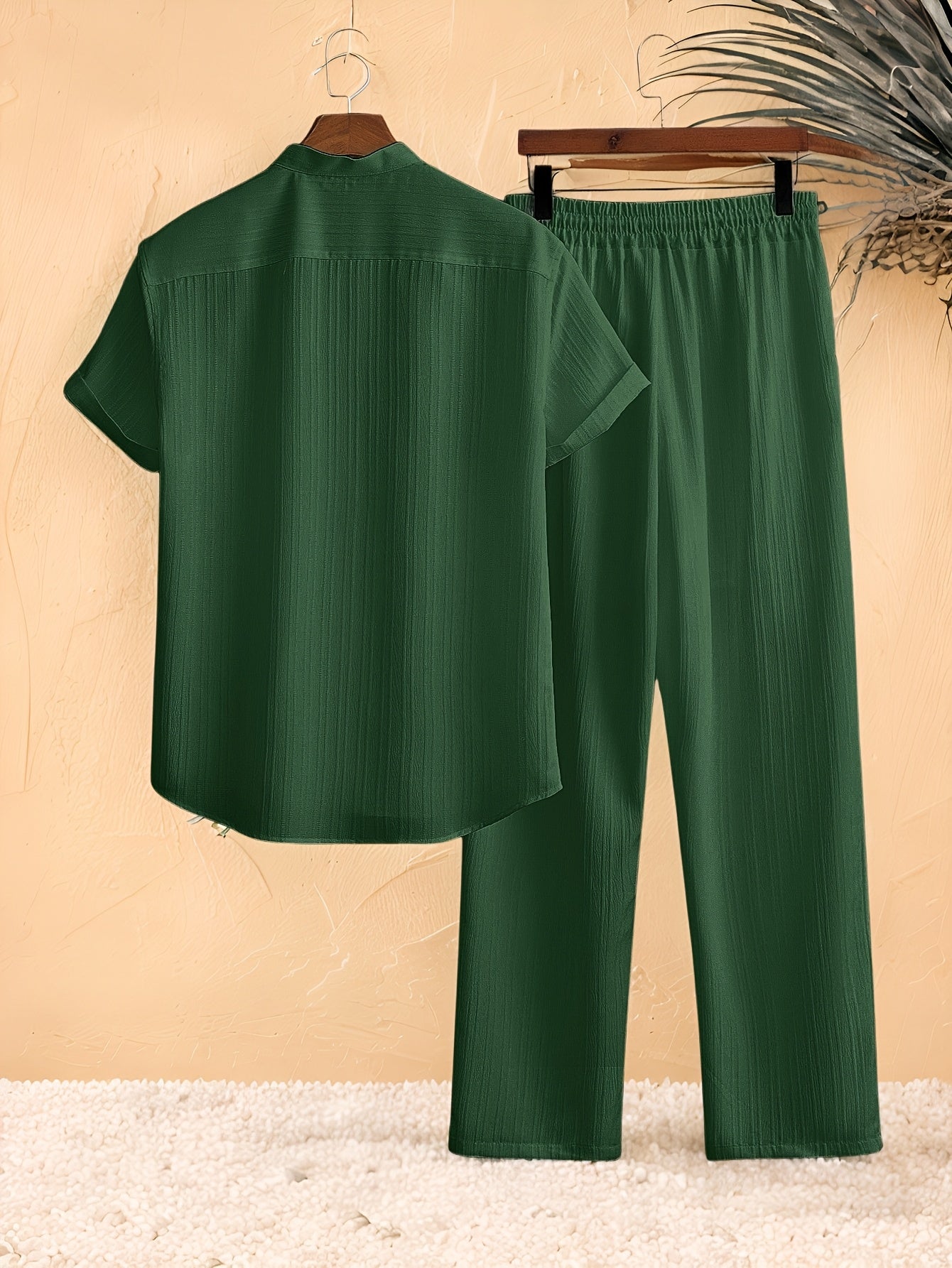 Casual 2pcs Set: Short Sleeve Stand Collar Shirt + Tie Straight Leg Pants, Suitable for Vacation Beach Outdoor Leisure Party