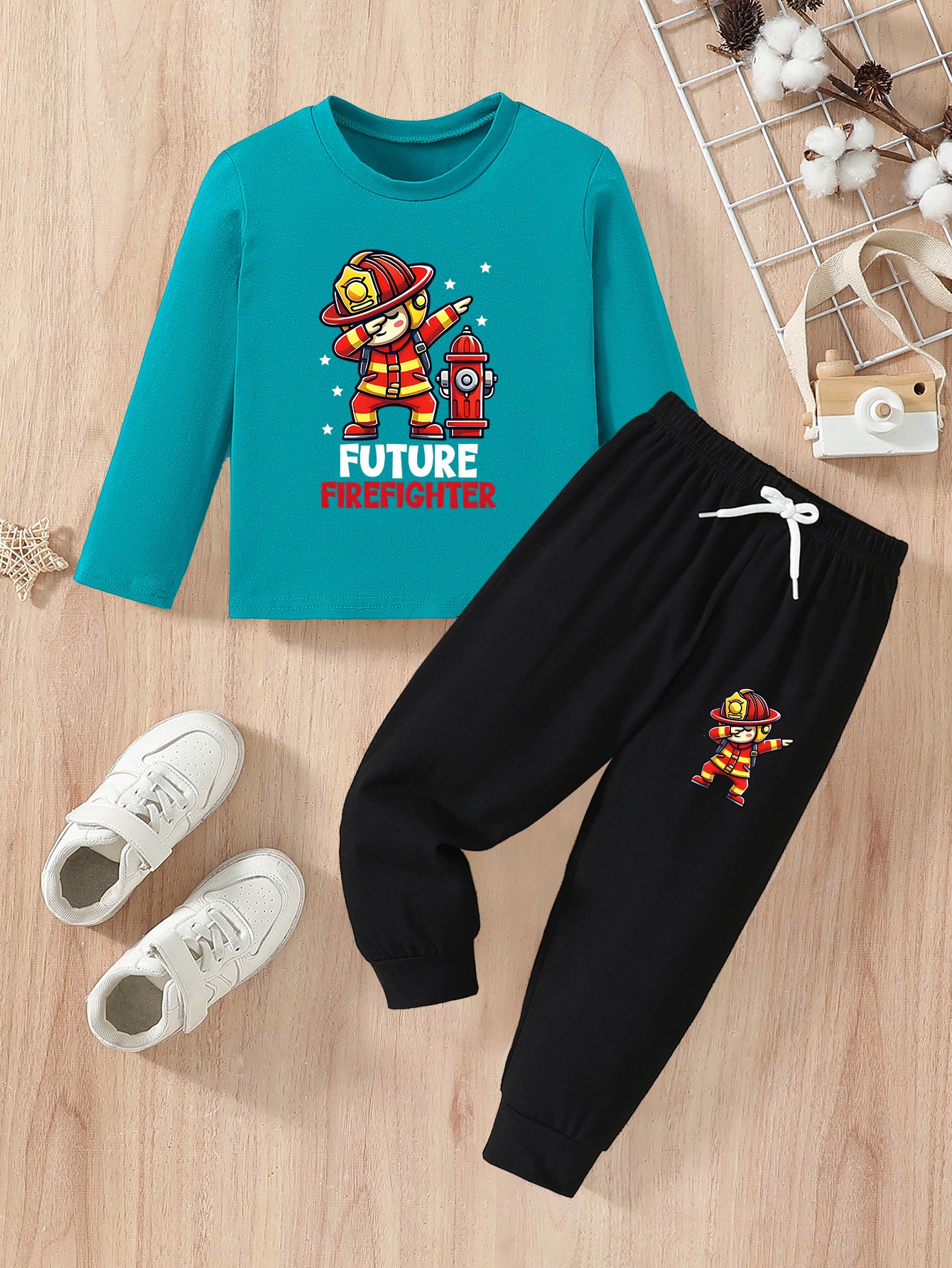 Boys' Firefighter Print Cotton Fall Winter Set, Long Sleeve & Pants