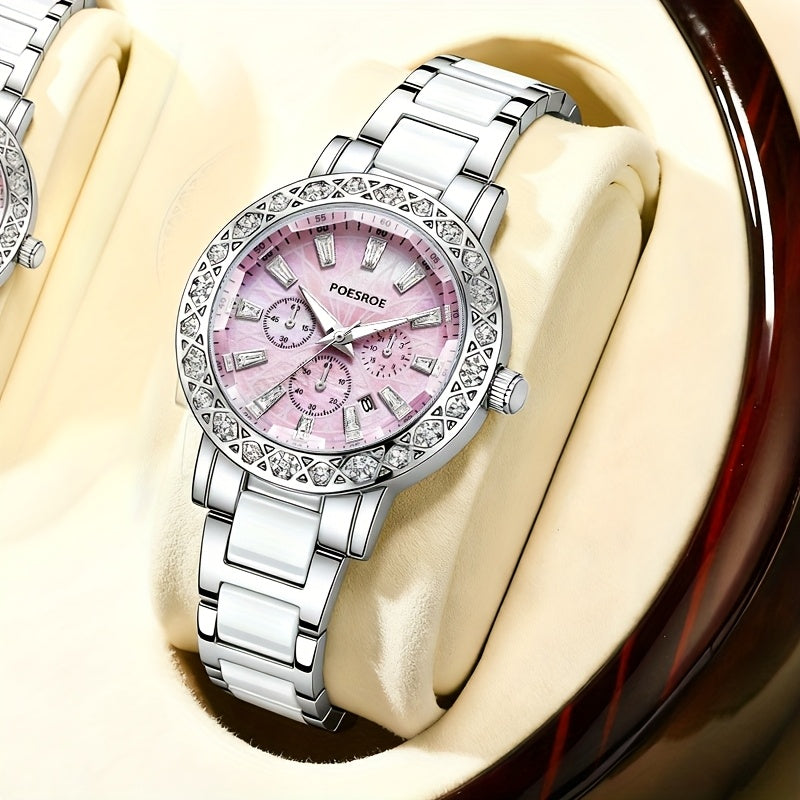 Women's Casual Quartz Watch with Rhinestone Case & Steel Strap
