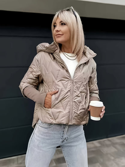 Women's Full-Zip Hooded Jacket - Beige Winter Coat with Full-Zip Front Closure, Machine Washable Long Sleeve Outerwear, Casual Warm Coat for Cold Weather, Windproof Blazer (No Belt/Hardware) - Versatile for Jeans & Dresses, J