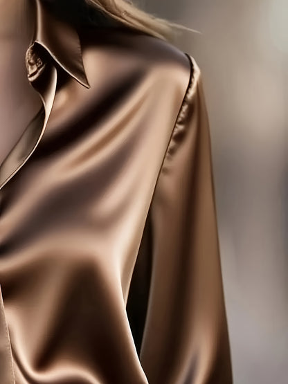 Women's Elegant All-Season Glossy  Shirt Jacket - Collar -Front Closure, Solid Brown (Copper/Black) - Tailored Blazer for, Office & Formal Events - Machine Washable Non-Stretch Professional Outerwear