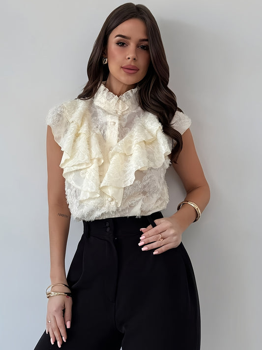 Elegant Sleeveless Apricot Top with Layered Ruffles and Buttons