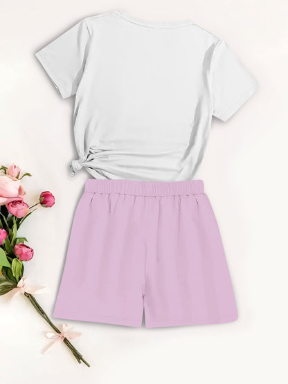 Summer Women’s Two-Piece Set with Cartoon Print & Crew Neck